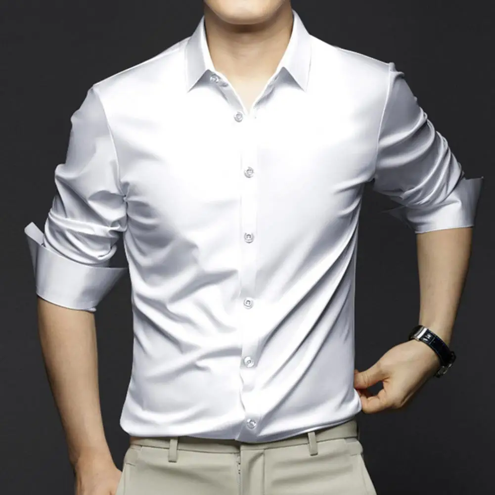 

Men Fall Business Shirt Formal Occasion Shirt Single-breasted Long Sleeve Silky Fabric Solid Color Men Mid Length Shirt