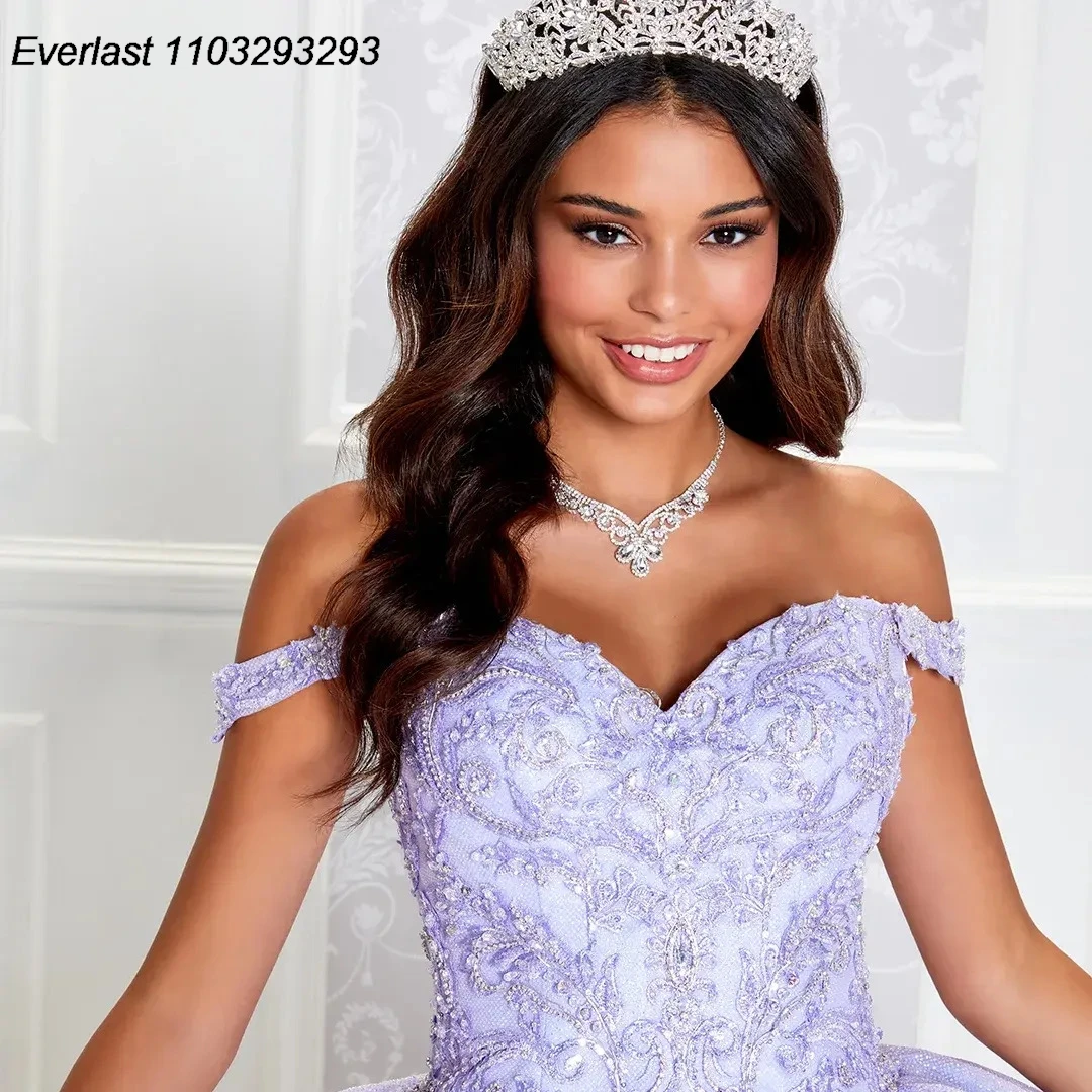 Блестящее Лавандовое платье EVLAST для Quinceanera, бальное платье, кружевное платье с аппликацией и бисером, с открытыми плечами, милое платье 16 лет TQD250