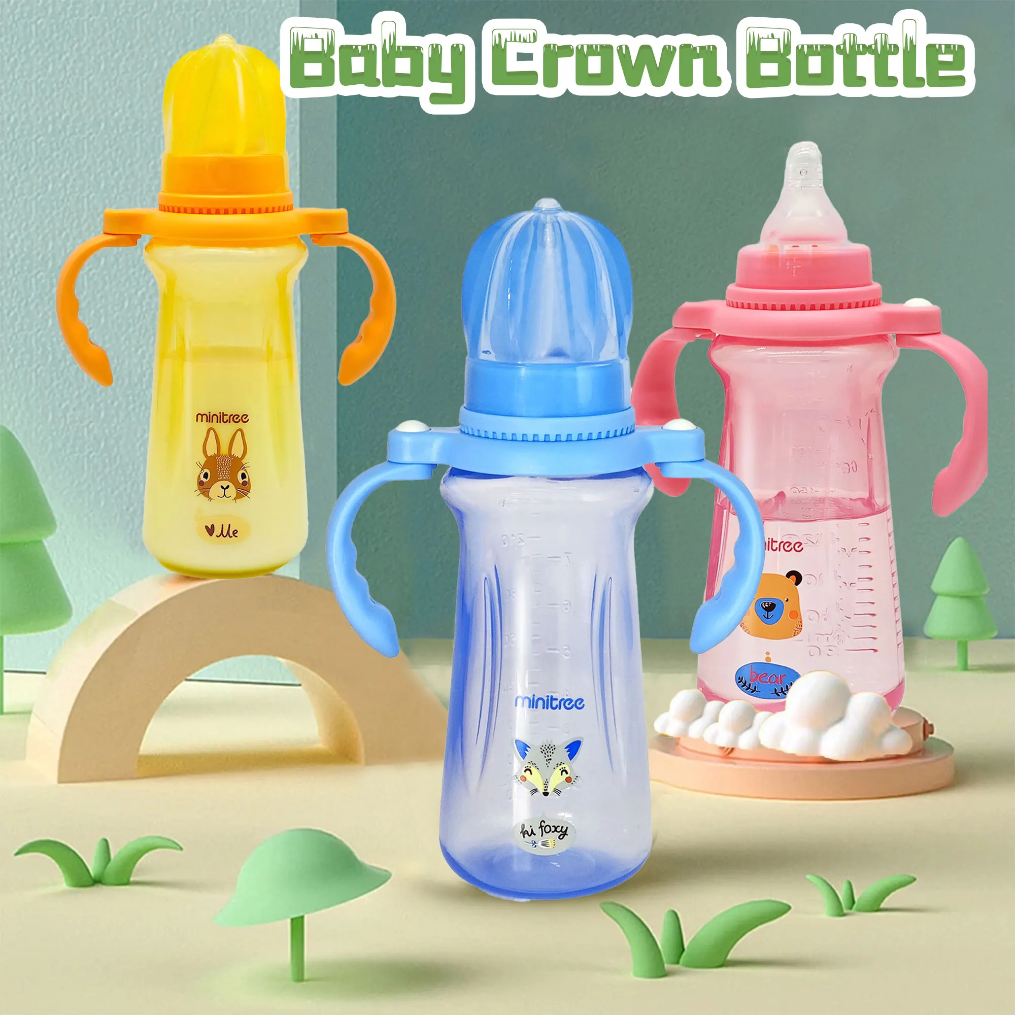 240ml cartoon baby PP bottle, 0-3 years old newborn imitation breastmilk nipple bottle, collapsible handle, BPA-free