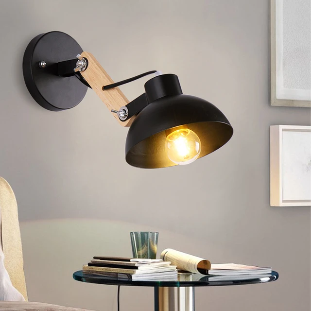 Wandlamp Met 1.8M Plug-In Cord Lange Arm Blaker Houten Accent Voor