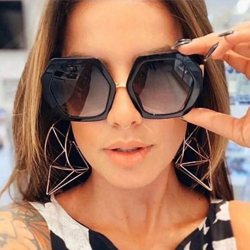 Acetate Red Chunky Frame hexagon Sunglasses Women Gradient lens Fashion