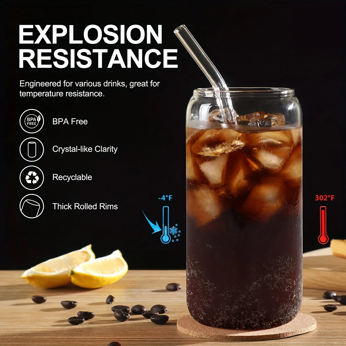 Bamboo lid glass water cup with large straws