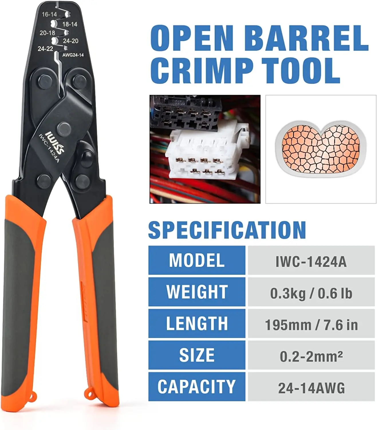 ICrimp IWC-1424AN Deutsch/AMP Stamped Contact Crimping Tool - For 16 Gauge Contacts, 14-24AWG Wire - Motorcycle & Auto Tool