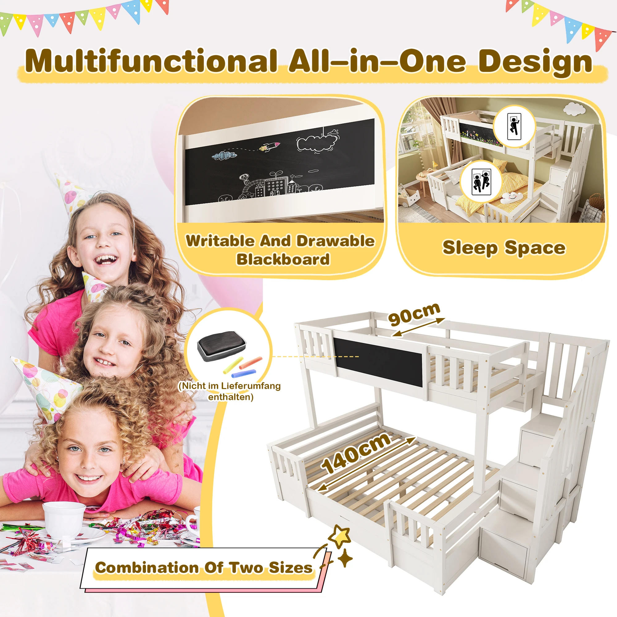 Etagenbett für 3 Kinder 90x200 & 140x200 aus Massivholz mit Tafel, Stauraumtreppe, Schubladen und Leiterschrank – Detail 15