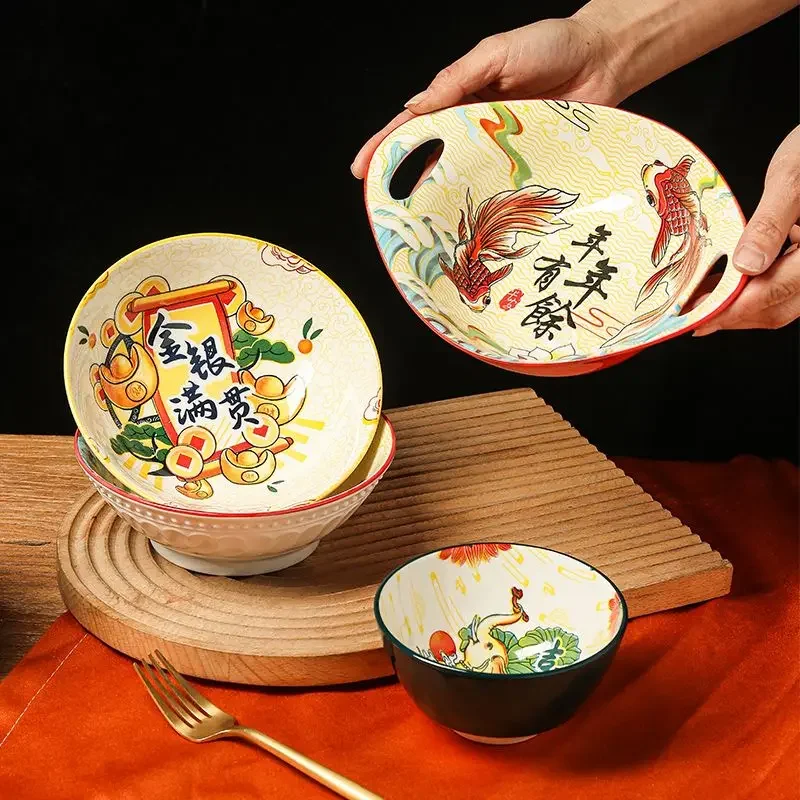 Chinese Style Bowl Ceramic Dumpling Plate Creative Underglaze Colored Fish Ceramic Household Tableware Rice Bowl Double Ear Plat