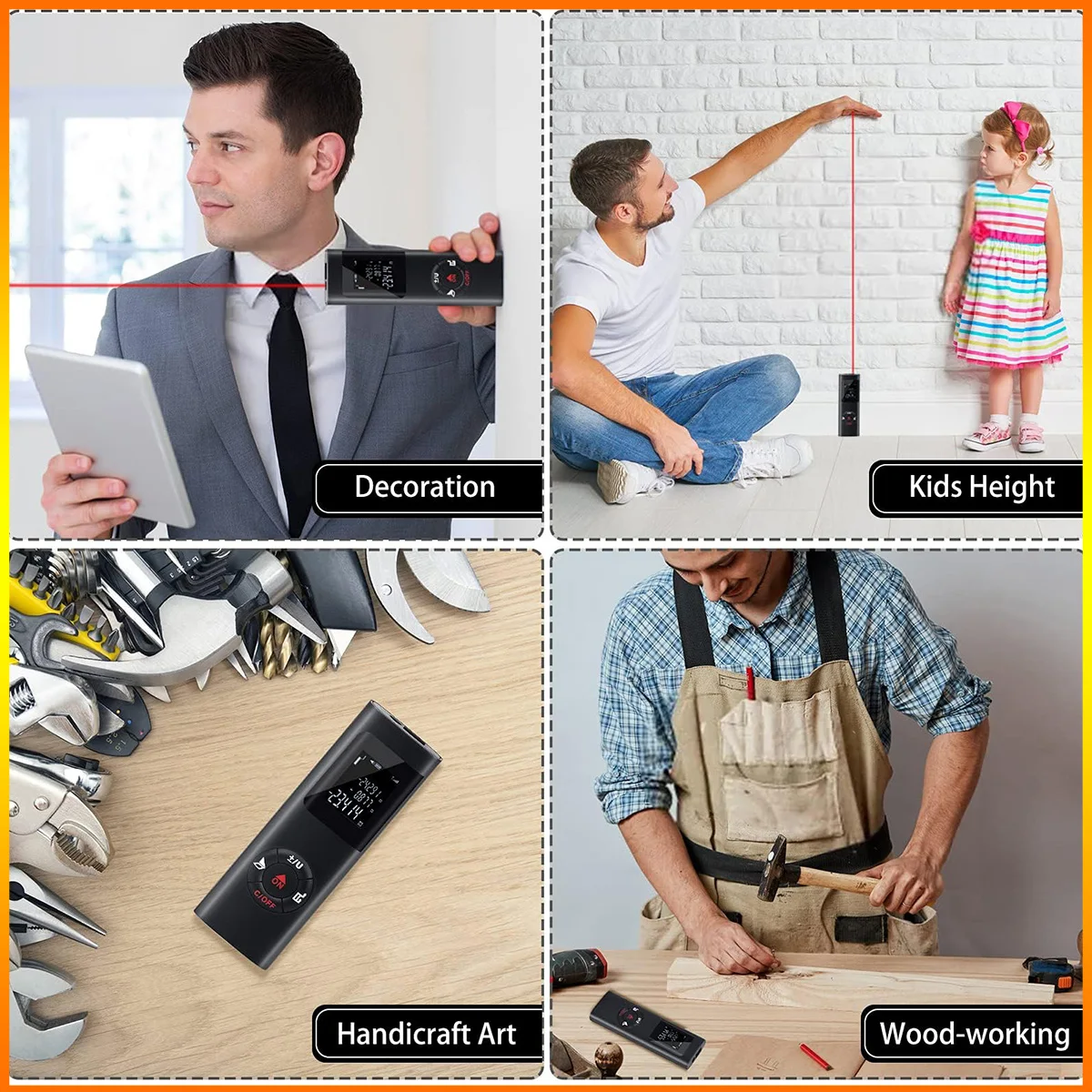 Portable Digital Distance Meter Infrared Measurement Tool Backlit Display High Accuracy USB Rechargeable &plusmn; 1/16 Inch 1920 ft 60m