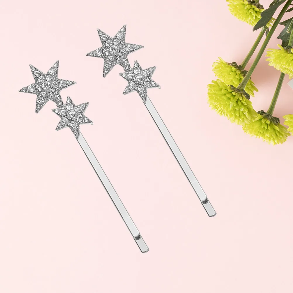 2Pcs 튼튼한 금속 크리스탈 스타 헤어 클립 여성 세련된 우아한 선물 라인스톤 펜타그램 바비 핀 스타 헤어 액세서리