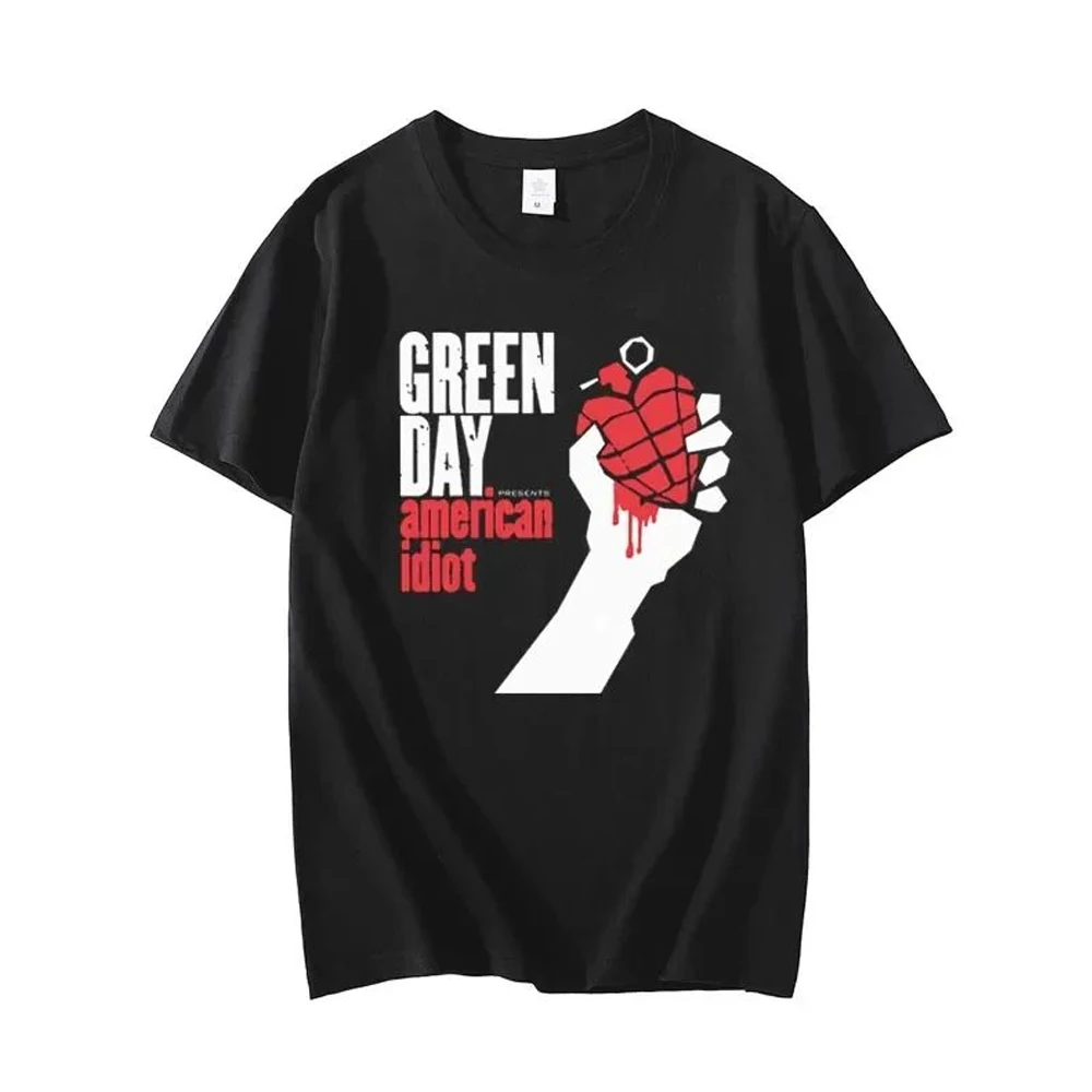 GREEN DAY American Idiot 프린트 티셔츠 아메리칸 펑크 밴드 프린트 패션 라운드 넥 반소매 탑 남성용 캐주얼 루즈 티셔츠