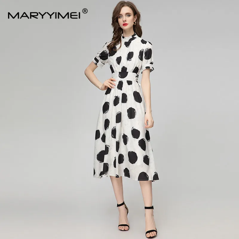 

MARYYIMEI Fashion Designer Women's 2024 Spring/Summer New Stand-Up Collar Short-Sleeved Black Polka Dot Lace-Up Elegant Dress