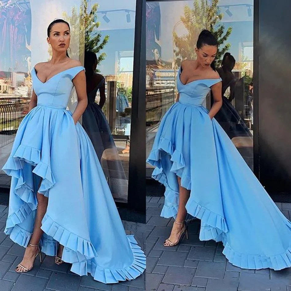 

Elegant Light Blue High Low Prom Dresses Off The Shoulder Satin A Line Sweep Train Evening Gowns Ruffles Long Formal Party Dress