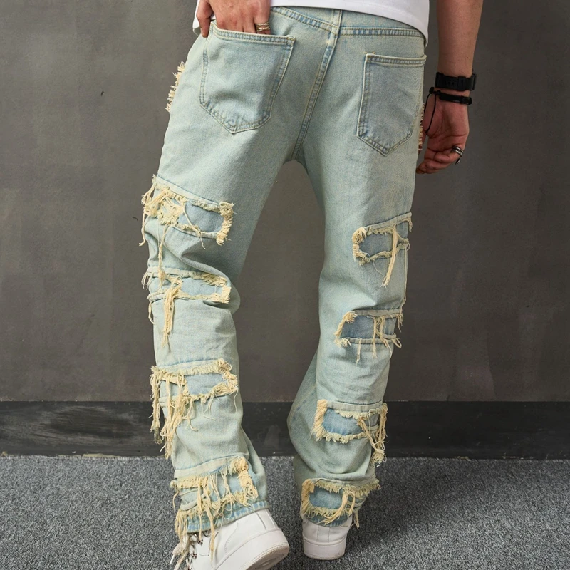 

Men s Regular Fit Stacked Jeans Patch Ripped Skinny Distressed Destroyed Straight Denim Pants Streetwear Clothes