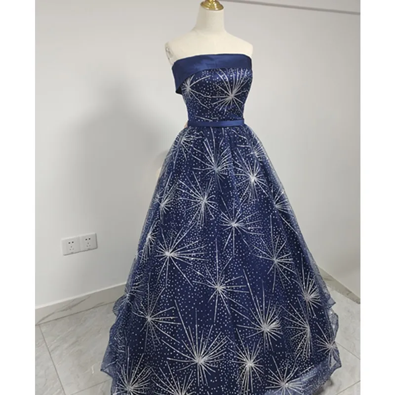 New Dark Blue Quinceanera Dresses Classic Off The Shoulder Tulle Party Ball Gown Simple Fashion Sequin Shining Banquet Vestidos