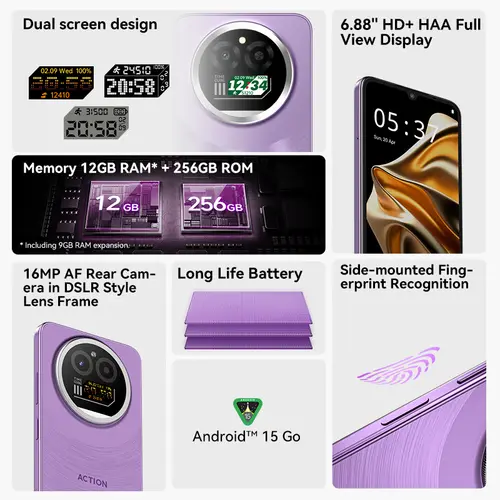 IIIF150 Action A5Pro Phone Android 15 Go Smartphone 12GB RAM 256GB ROM 6.8inch HD+ HAA Display Dual Screen Design 5100mAh Batter - Image 2
