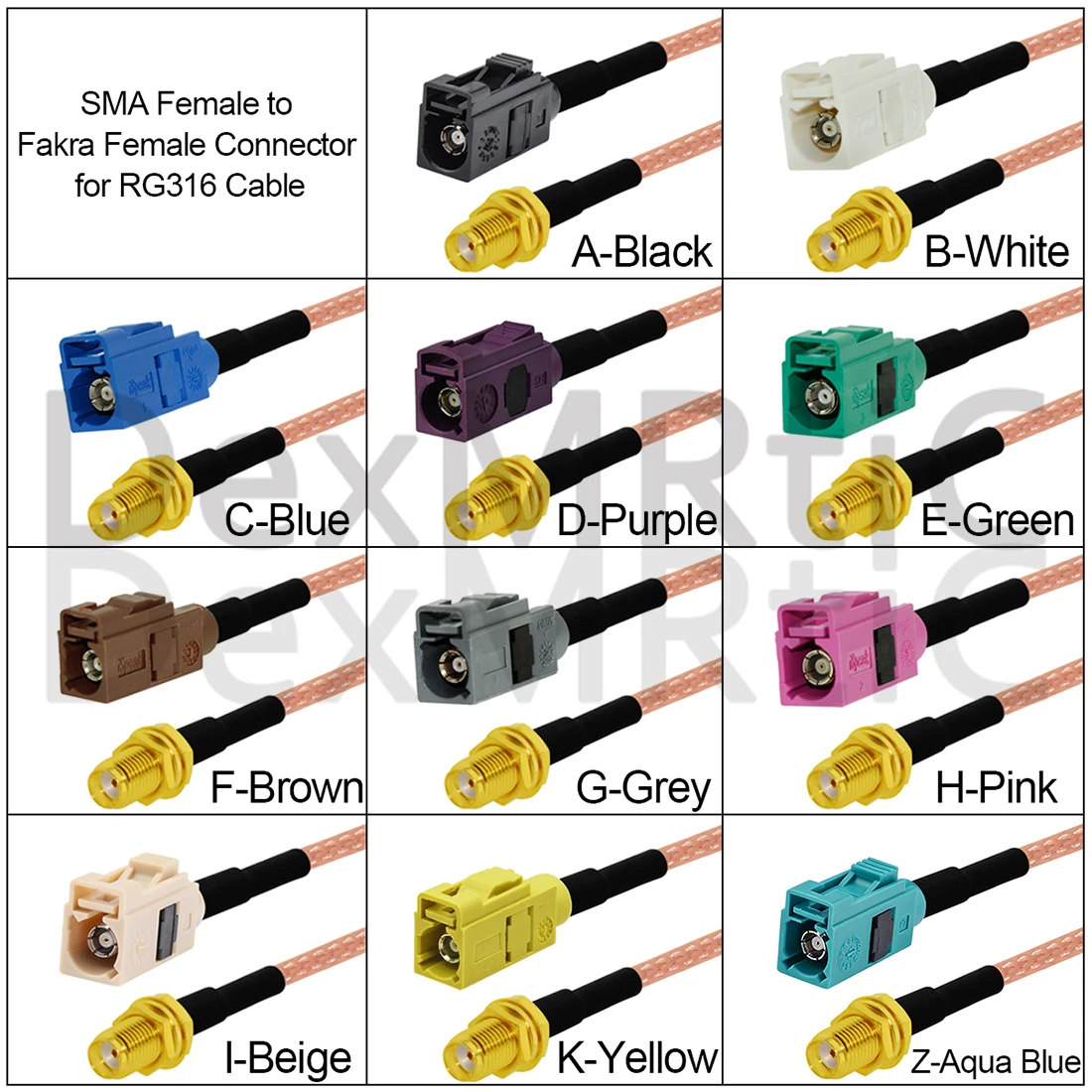 SMA-Buchse, Klinkenstecker, Mutter auf Fakra A/B/C/D/E/F/G/H/I/K/Z, Buchse, Pigtail-Kabel RG316, 15 cm/30 cm/50 cm/100 cm, NEU – Detail 1