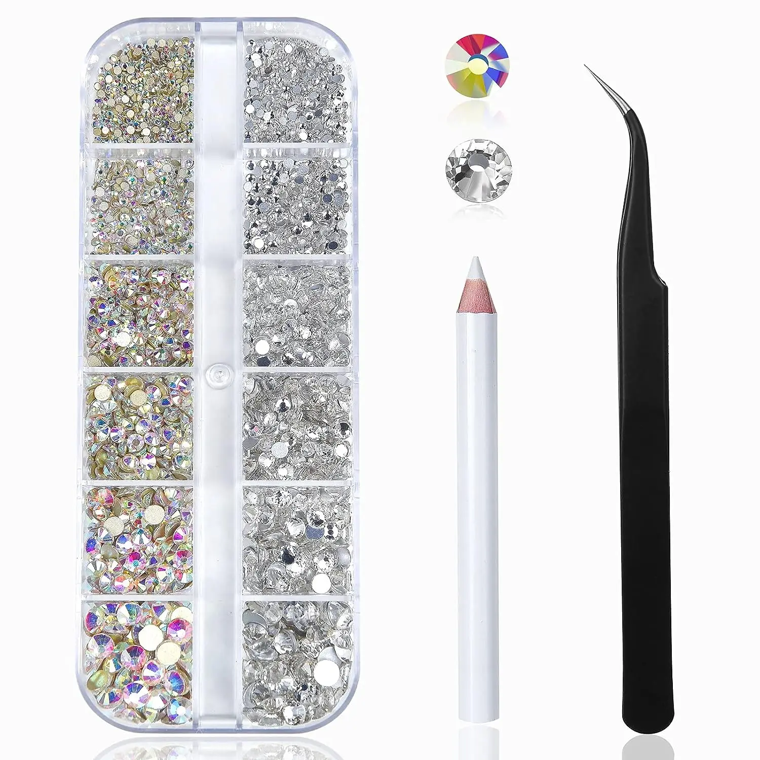 

Nail Art Rhinestones Kit Nail Gems AB Glass Flatback Rhinestones Gems Stones, with 1 Storage Organizer Box/5 Pickers/1 Tweezers*