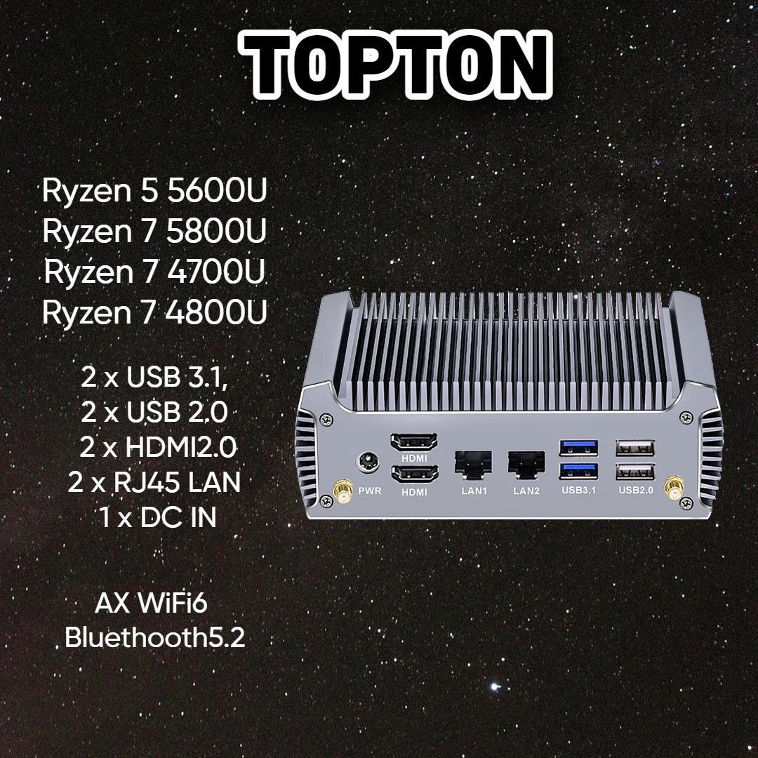 

FU02Industrial Fanless AMD Mini PC FU02 Ryzen 7 5800U 4800U Gaming Windows 11 Dual LAN Firewall Router 2*HDMI2.0 NVMe DDR4 WiFi6