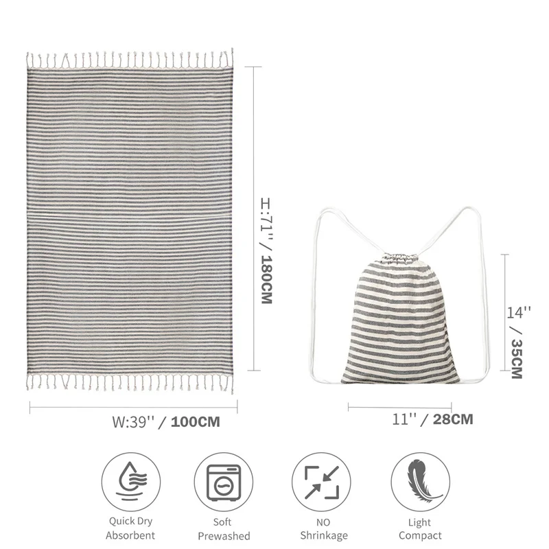 Premium Turkish Striped Oversized Beach Towels with Travel Bag - Quick Dry and Lightweight