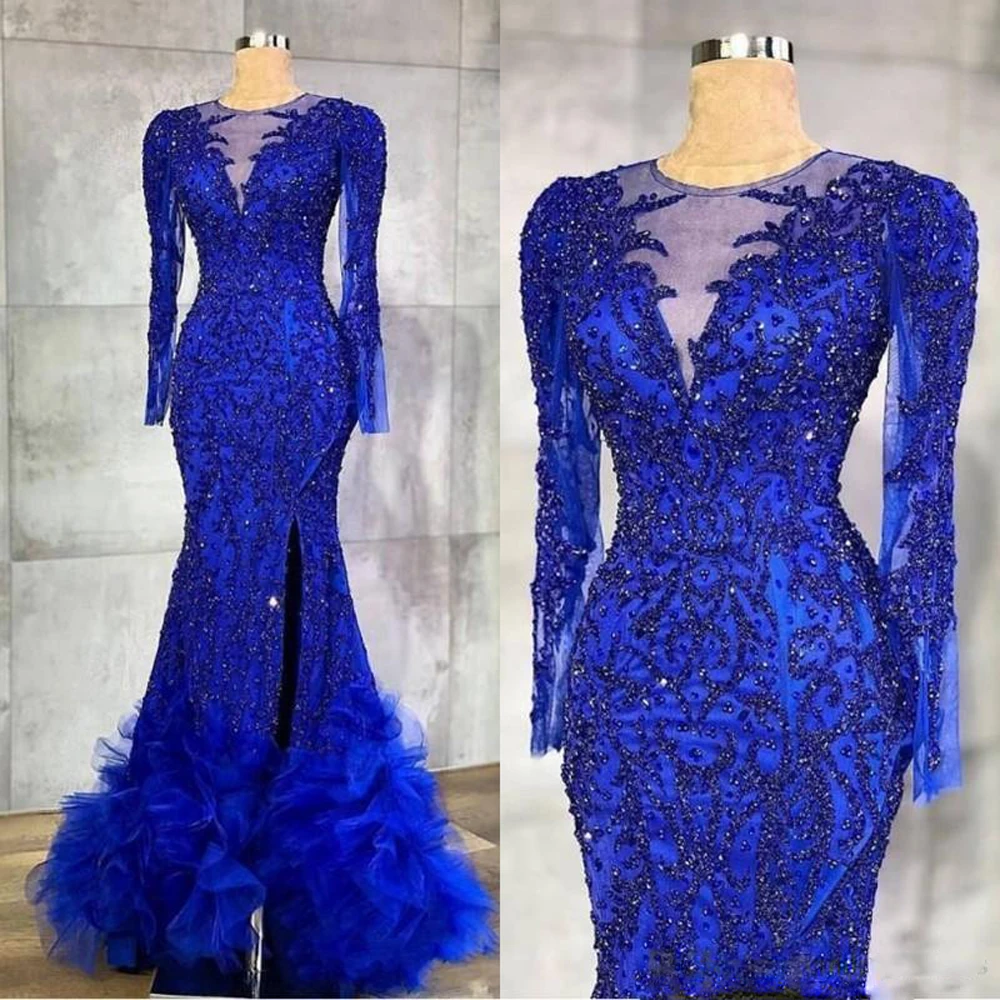 

Shiny Sequined Luxury Mermaid Evening Dresses For Women 2023 Dubai Arabia Royal Blue High Split Party Prom Gown Formal Vestidos