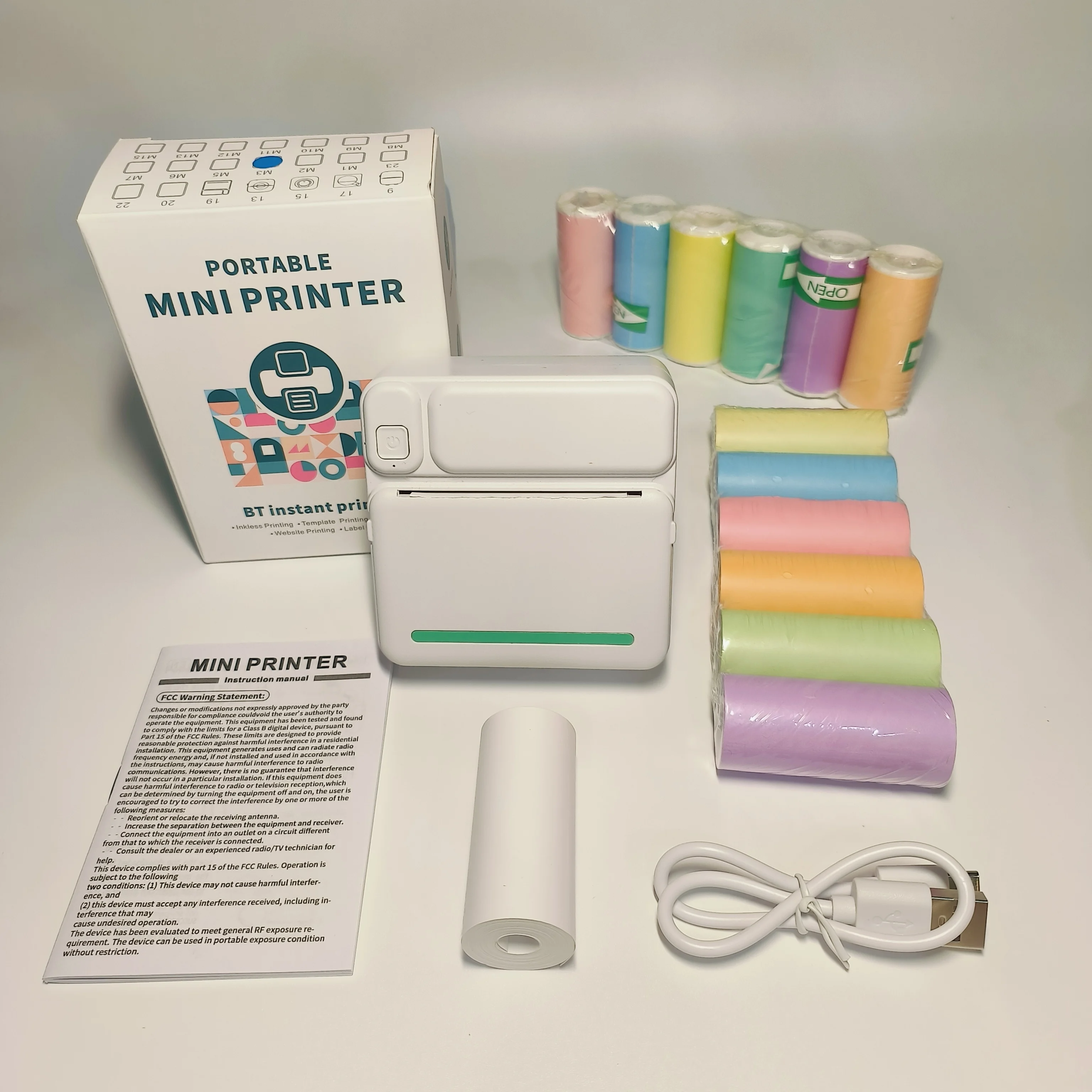 아이폰 및 안드로이드용 휴대용 무선 열전사 프린터 - 6색 용지 롤 및 6개 스티커 롤 포함, USB 충전식