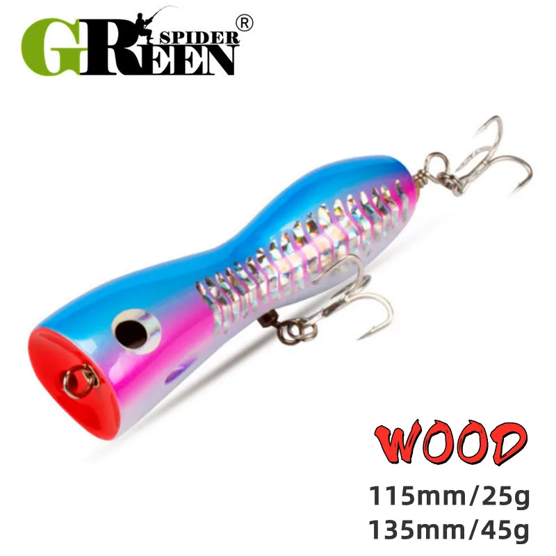 GREENSPIDER25g45gTopwaterWoodPopperStickbaitBaitSurfacePopping