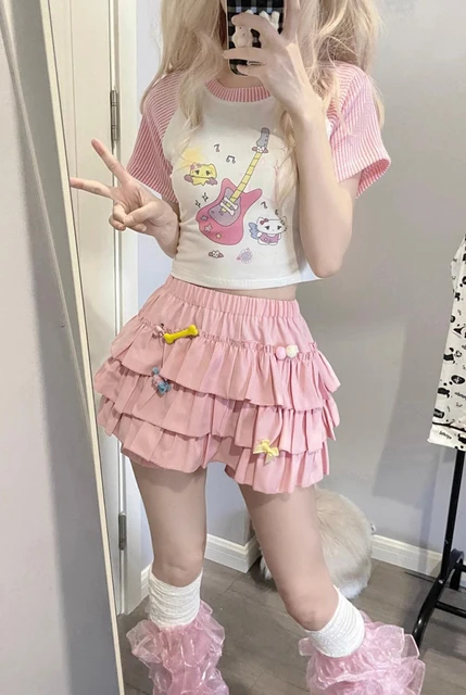 MEXZT Y2K Sweet Ruffles Mini Skirt Women Kawaii Lolita Bow A