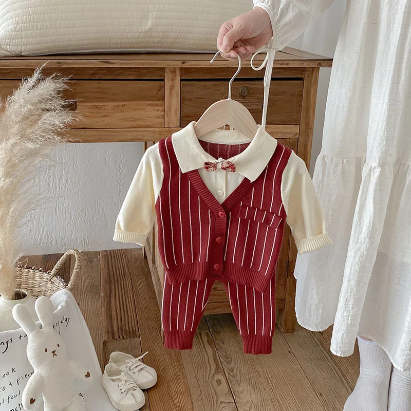 Autumn Baby Boy Thin Knitted Red Two Piece Suit