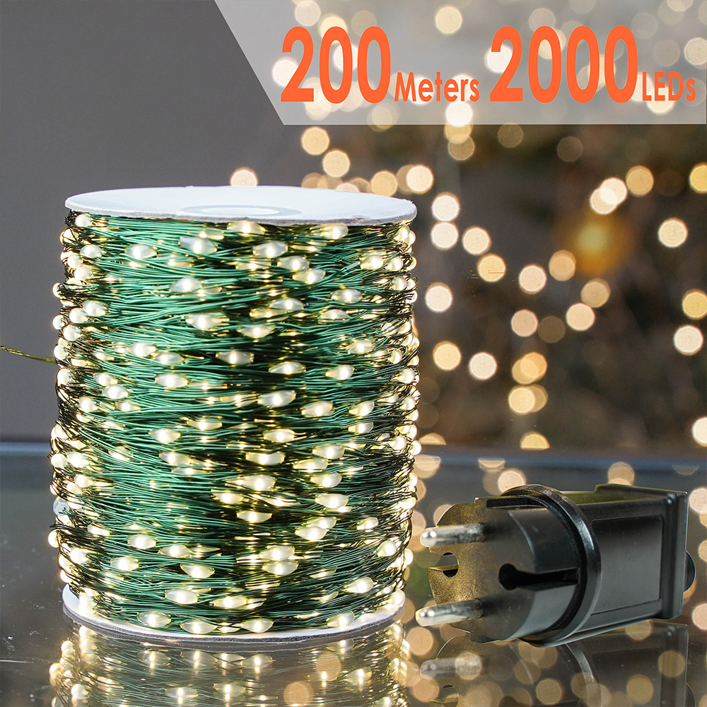 200M 2000LED Green Wire Garland String Fairy Lights Christmas Tree Decoration For Home Outdoor Waterproof Mini LED Party Wedding
