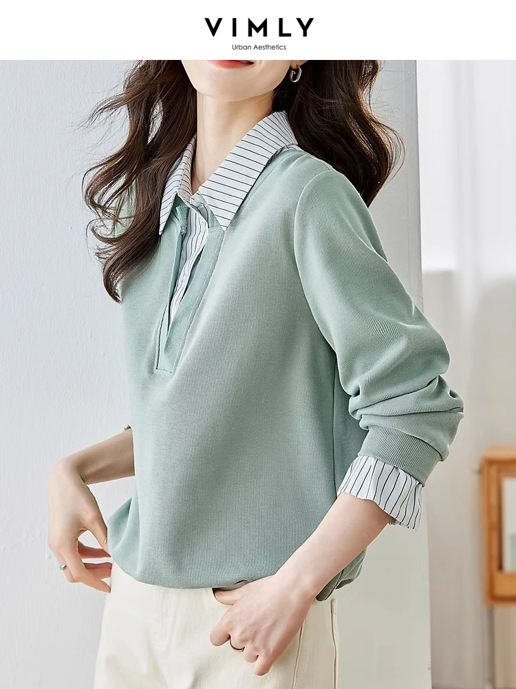 Vimly Striped Shirt Collar 2 in 1 Pullover Sweatshirts for Women Spring Autumn Elastic Hem Fake Two Piece Long Sleeve Top M2698
