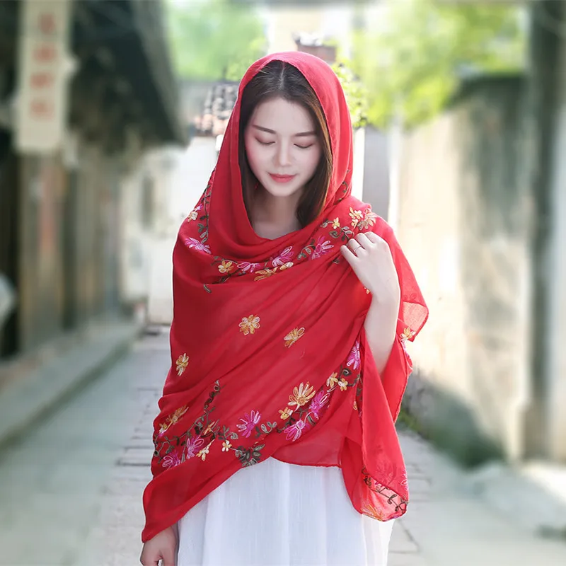 

190X80Cm Embroidery Floral Echarpes Shawls Women Cotton Wraps Pashmina Ethic Style Scarves Female New Beach Bufanda Hijabs
