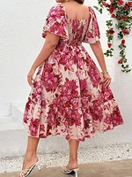 Plus Size Sweetheart Neckline Dress Floral Print with Ruffled Sleeves Feminine Elegant Summer Midi - Image 3