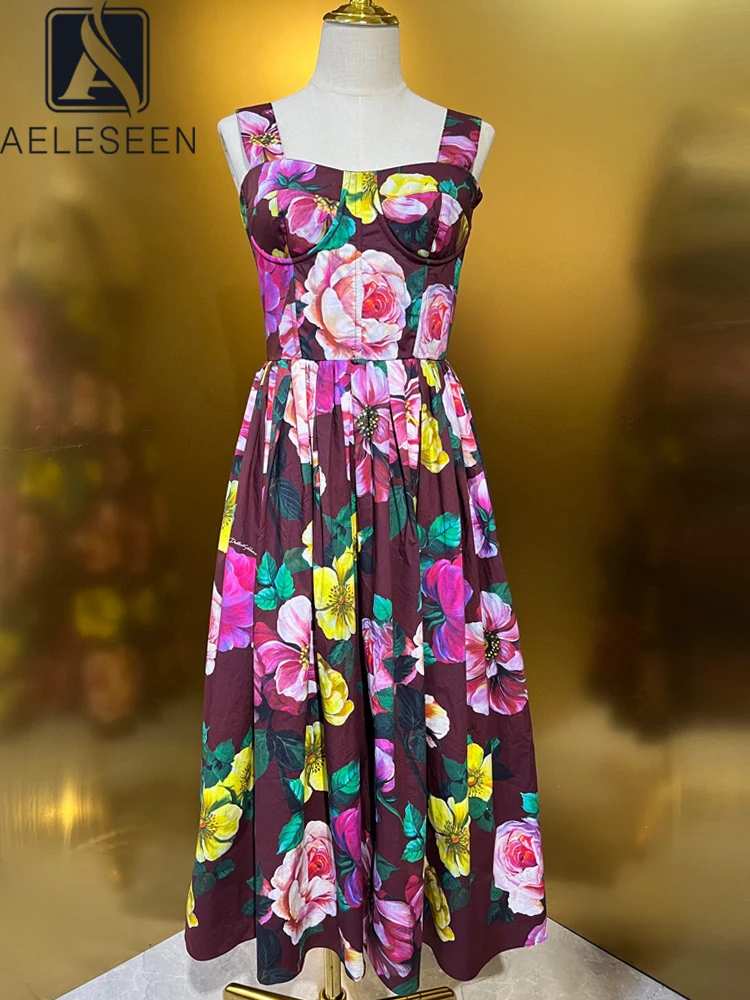 

AELESEEN Runway Fashion 100% Cotton Dress Women Summer Spaghetti Strap Flower Print High Quality Elegant Long Camisole Poplin
