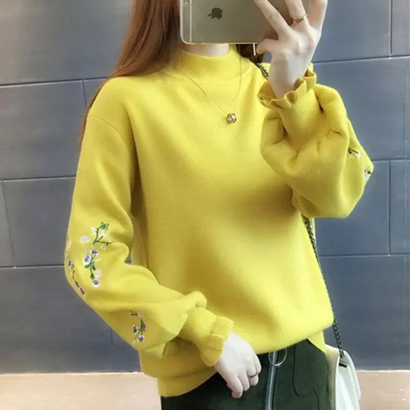 

Half Turtleneck Sweater Women's Embroidered Pullover Knitting New Autumn Winter Loose Yellow Femmes Clothes Female Tops G87