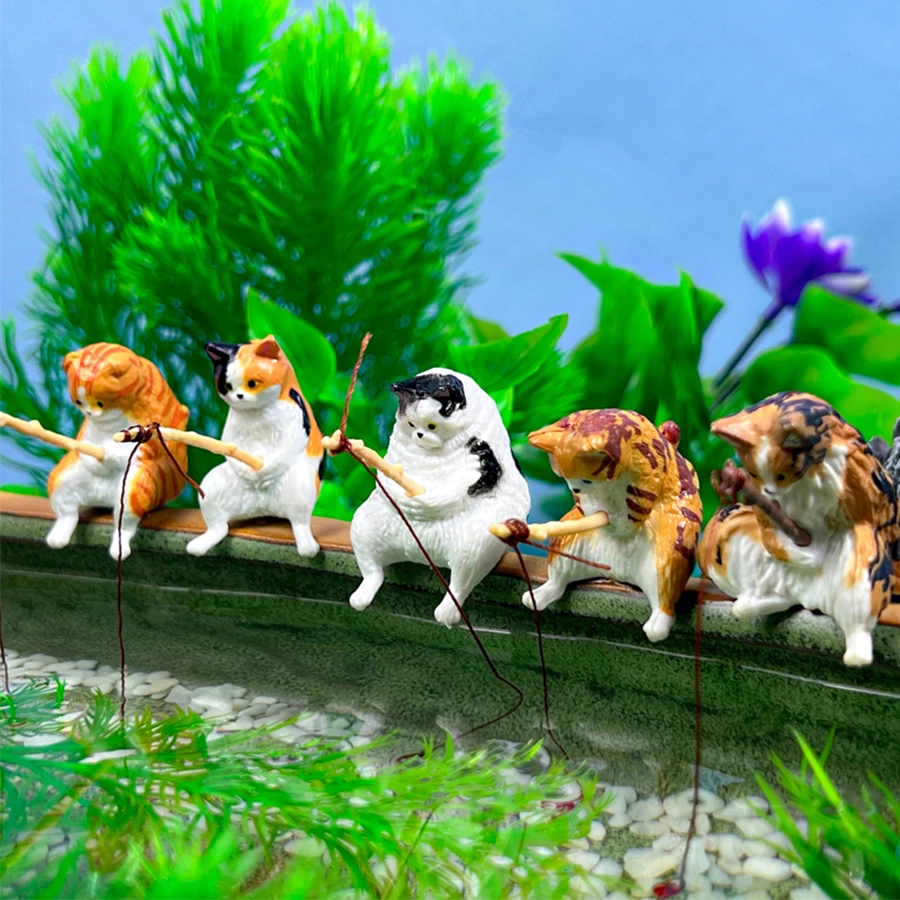 Fish tank decorations Fish tank fishing cat hanging creative landscape decoration desktop cat fishing micro landscape
