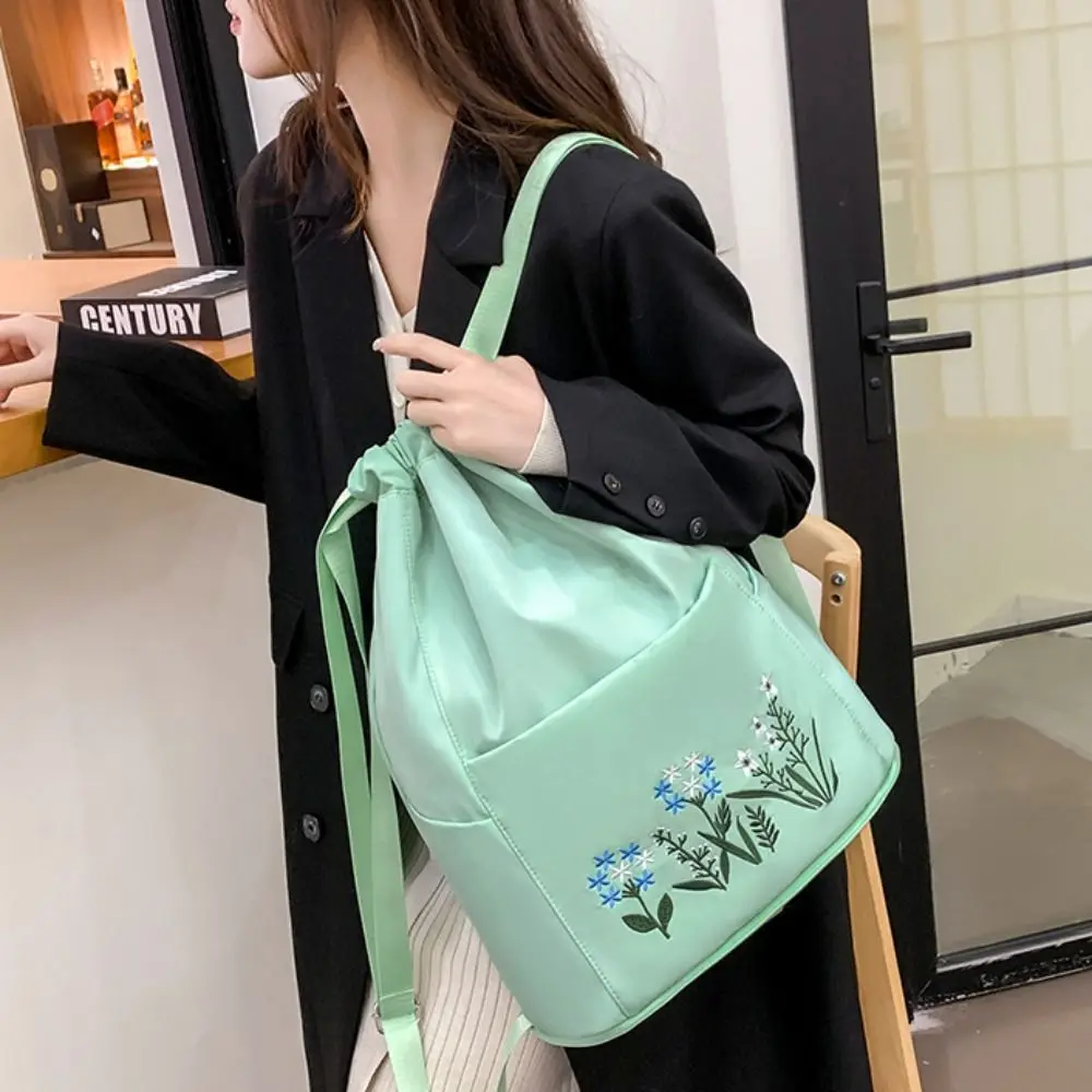

Fashion Embroidery Flower Drawstring Backpack Large Capacity Folding Sports Bag Portable Multifunction Travel Shopping Handbag