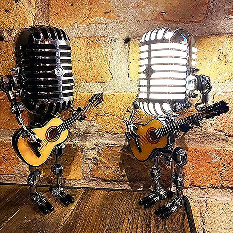 

Vintage Microphone Robot With Guitar Metal Figurines Interior Desktop Night Lamp Usb Charging Ornament Home Figurines Decoration