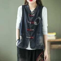 Retro Embroidery Women's Denim Vest Spring Autumn Sleeveless Tops Plus Size Denim Cardigan Korean Fashion Leisure Loose New Za