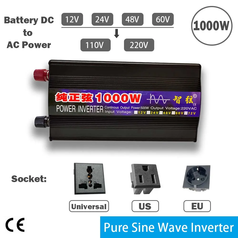 

1000W Power Inverters DC 12V 24V 48V 60V AC 110V 120V 220V 230V Universal / EU / USA Socket Converter Pure Sine Wave Inverter