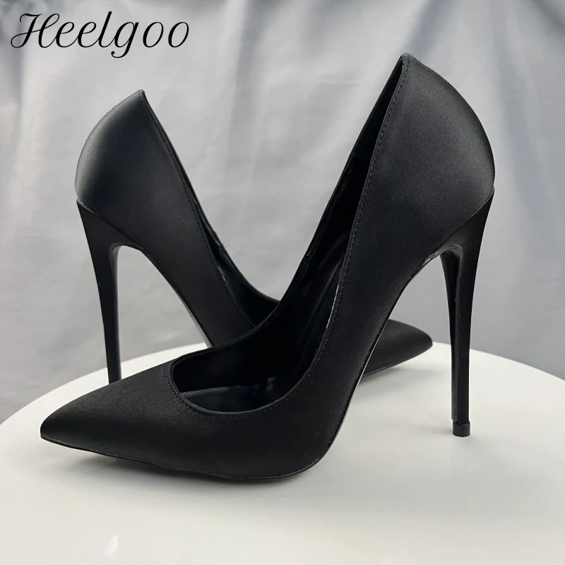 

Heelgoo All Black Women Satin Sexy Pointy Toe High Heel Shoes Elegant Ladies Formal Dress Slip On Stiletto Pumps 12cm 10cm 8cm