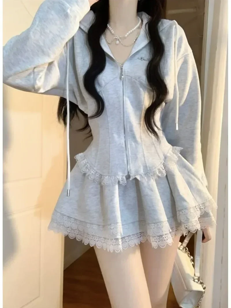 Princess College Casual Suit Womenm Hooded Hoodies Lace Waistband Slim Skirt Autumn Fashion Grey Sweet Zipper Lady Two Piece Set dayifun white love heart hoodies for couples oversize sweatshirts fashion patch stitch high street cool lady top spring autumn