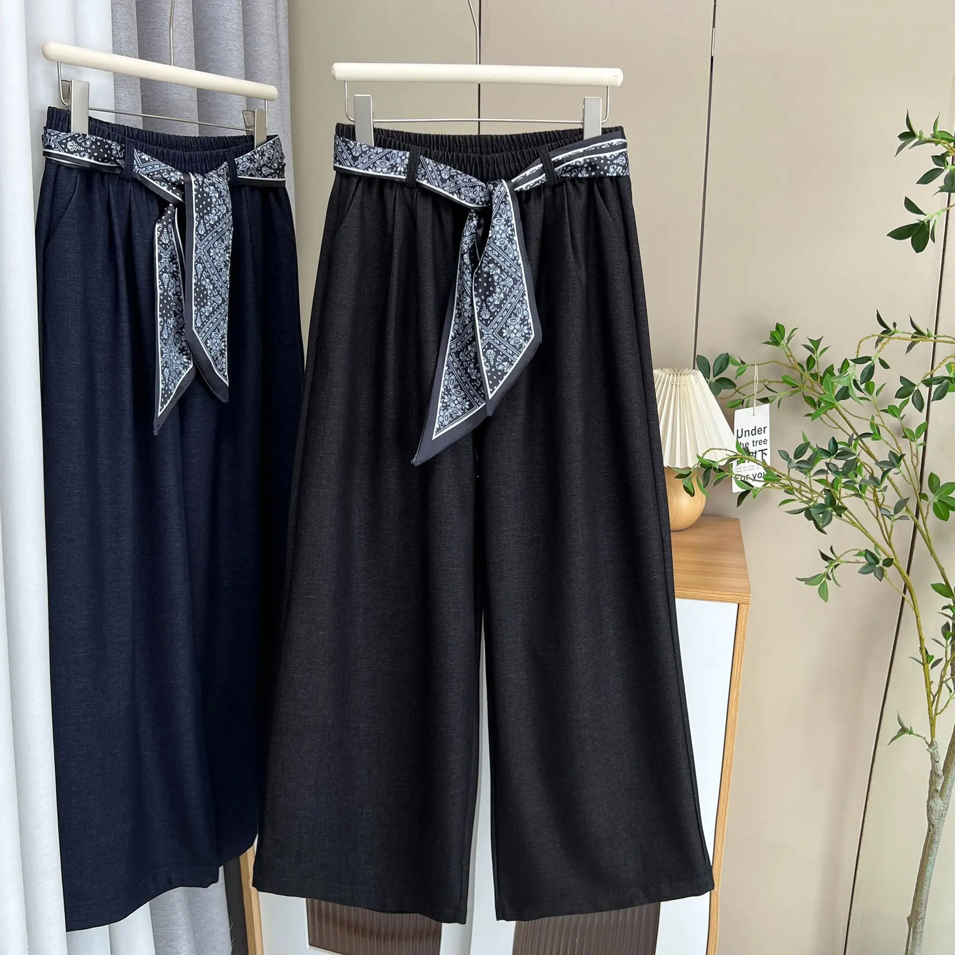 Fashion Autumn New Style Elegant Silk Waistband Straight Full Length Pants Plus Size Women's Wide Leg Trousers