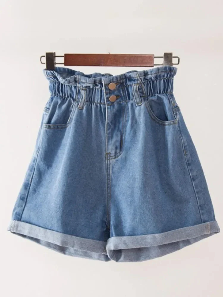 Fashion Elastic High Waisted Denim Shorts Black Women's S-5XL Classic Contrast Color Pleated Harlem Style Women's Short Jeans