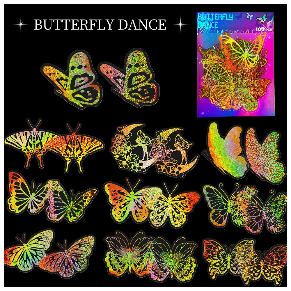 

100pcs Cartoon Laser Holographic Animal Butterfly Stickers Waterproof Decals Laptop Luggage Notebook Decoration Sticker Kids Toy
