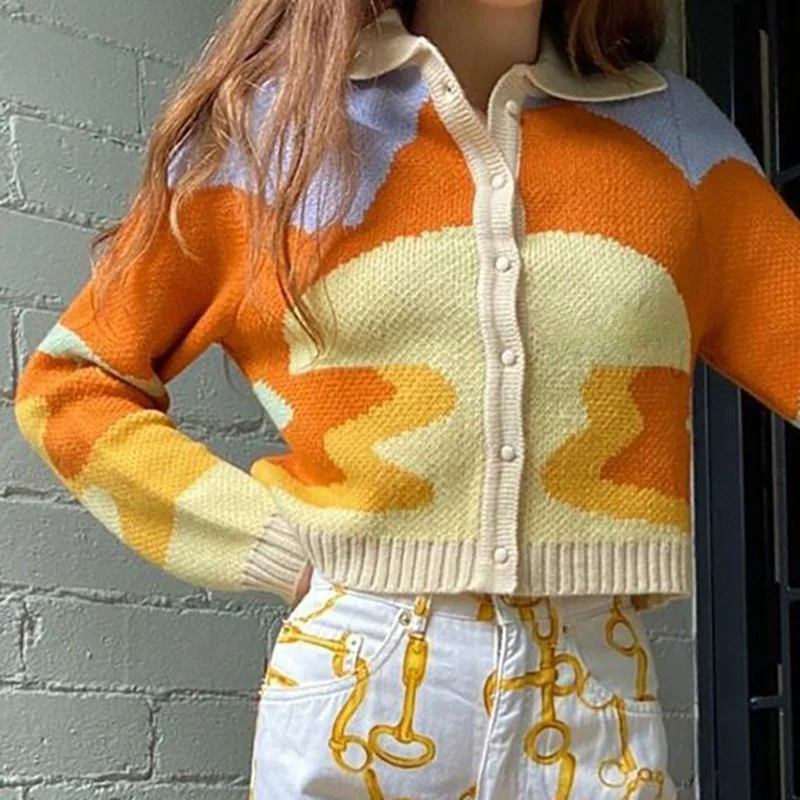 

Women Autumn Vintage French Style Sunshine Print Short Knitted Sweater Chic Lady Fashion Single Breasted Loose Cardigans Femme