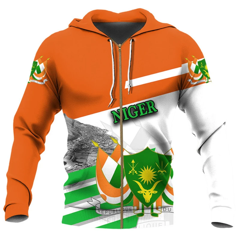 thumbnail image 1 of Sudadera con capucha y cremallera con el emblema nacional de Níger y la bandera de Níger para hombre, ropa informal 2024, jerséis deportivos de calle para hombre, 1 of 5