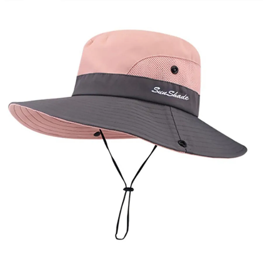Cappello da pesca colorblock a tesa larga in rete pieghevole regolabile con protezione solare UV a coda di cavallo da donna 1 pezzo_voghion.com