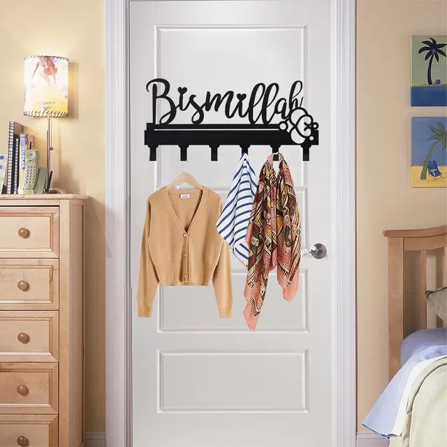 Porte-clés en métal Bismillah, porte-clés mural décoratif noir, support organisateur de crochets pour clés pour décoration murale d'entrée 1 pièce 4