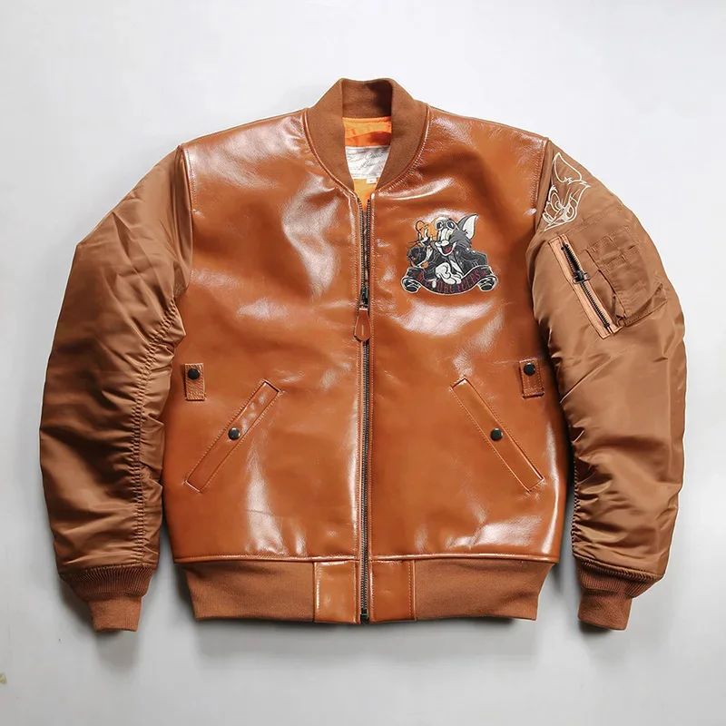Cartoon sports casual men leather baseball clothes autumn models fat plus size large standing collar oil wax cowhide jacket top