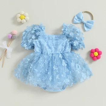Infant Baby Girl Princess Bodysuit Dress Cute 3D Flower Puff Short Sleeve Tulle Tutu Dress with Bow Headband Summer Girl Set