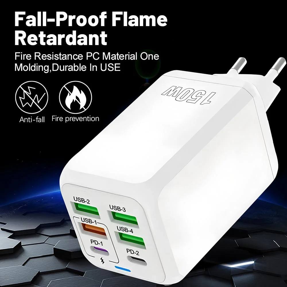 150W 6-Port Dual PD Quick Charge3.0 USB C Fast Charger Wall Adapter High Speed Charging For iPhone Samsung Xiaomi Huawei OnePlus