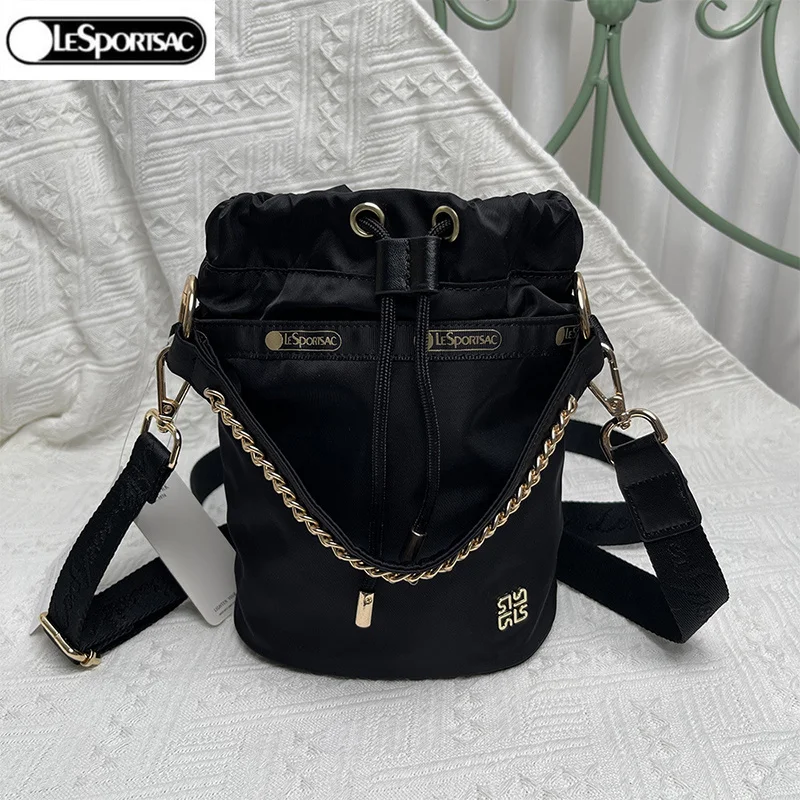 

Lesportsac Bucket Bag Chain Women Bags 11*15.5*17cm Fashion Cylindrical Drawstring Cloth Bag Solid Color L199